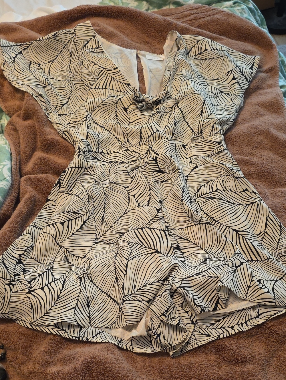 Lush Black and Cream Leaf-Print Romper